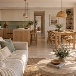 Cocina abierta con muebles de madera y tonos claros conectada con un salón y comedor