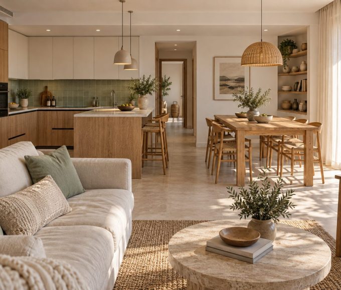 Cocina abierta con muebles de madera y tonos claros conectada con un salón y comedor