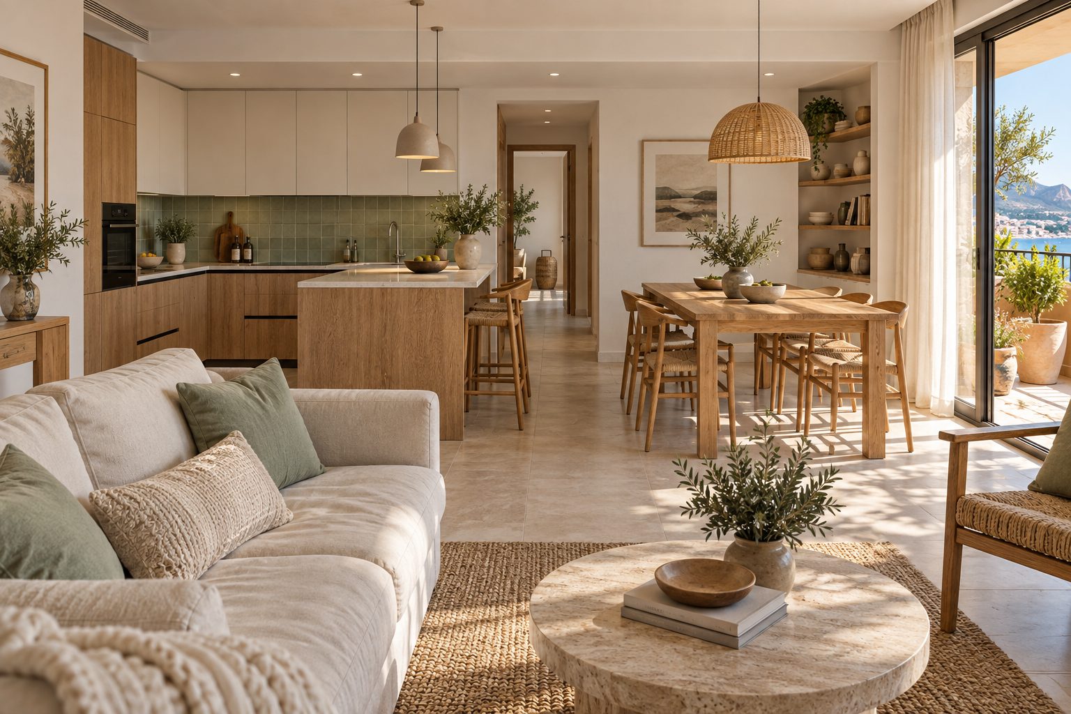 Cocina abierta con muebles de madera y tonos claros conectada con un salón y comedor